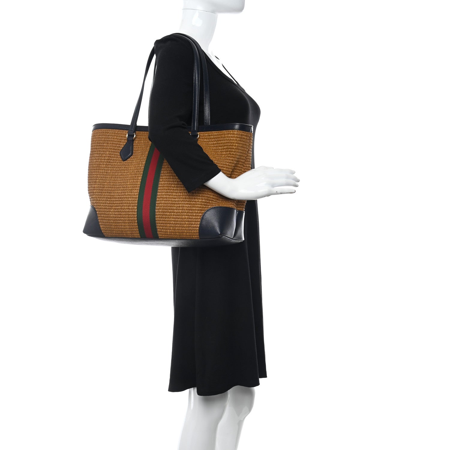Gucci Straw Lux Calfskin Web Medium Ophidia Shopping Tote Dark Natural Blue 2 of 11