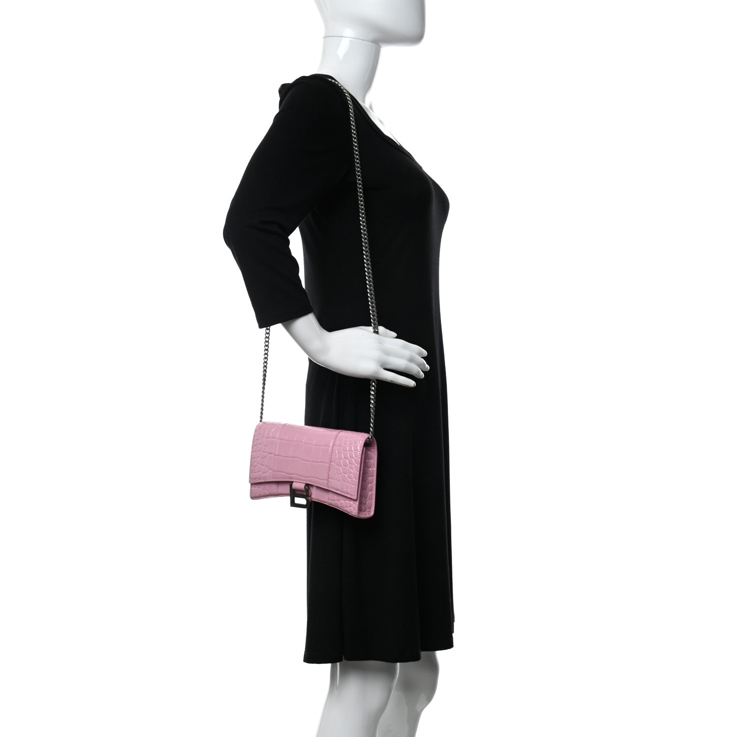 Balenciaga Shiny Calfskin Crocodile Embossed Hourglass Chain Bag Candy Pink 2 of 10