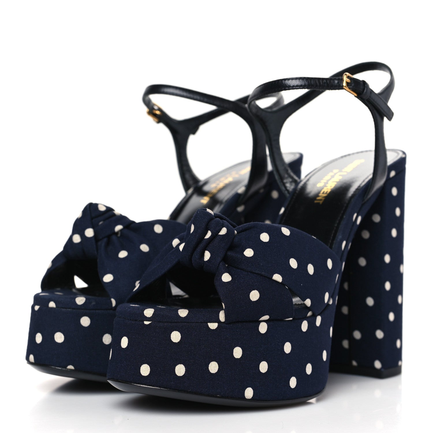 Saint Laurent Satin Polka Dot Bianca 125 Platform Sandals 36 Navy 3 of 9