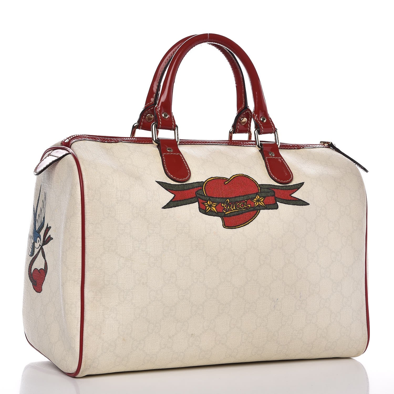 Gucci Coated Canvas Monogram Medium Tattoo Birds Joy Boston Off White Red 3 of 17