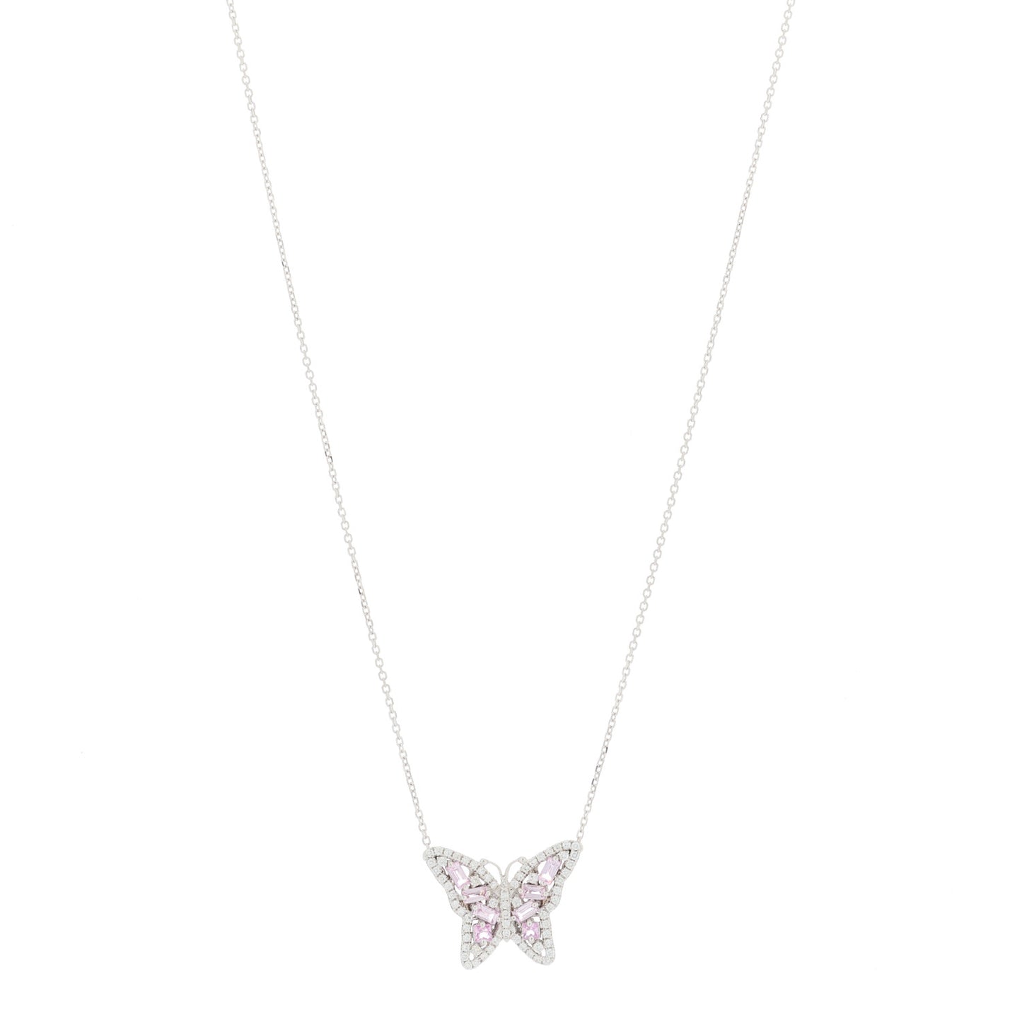 18K White Gold Diamond Pink Sapphire Butterfly Pendant Necklace