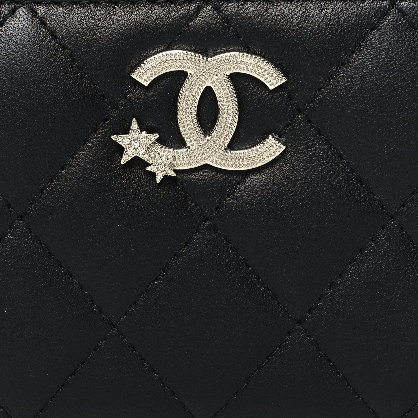 Lambskin Crystal Star Quilted Studded CC Zip Around Card Holder Wallet Black