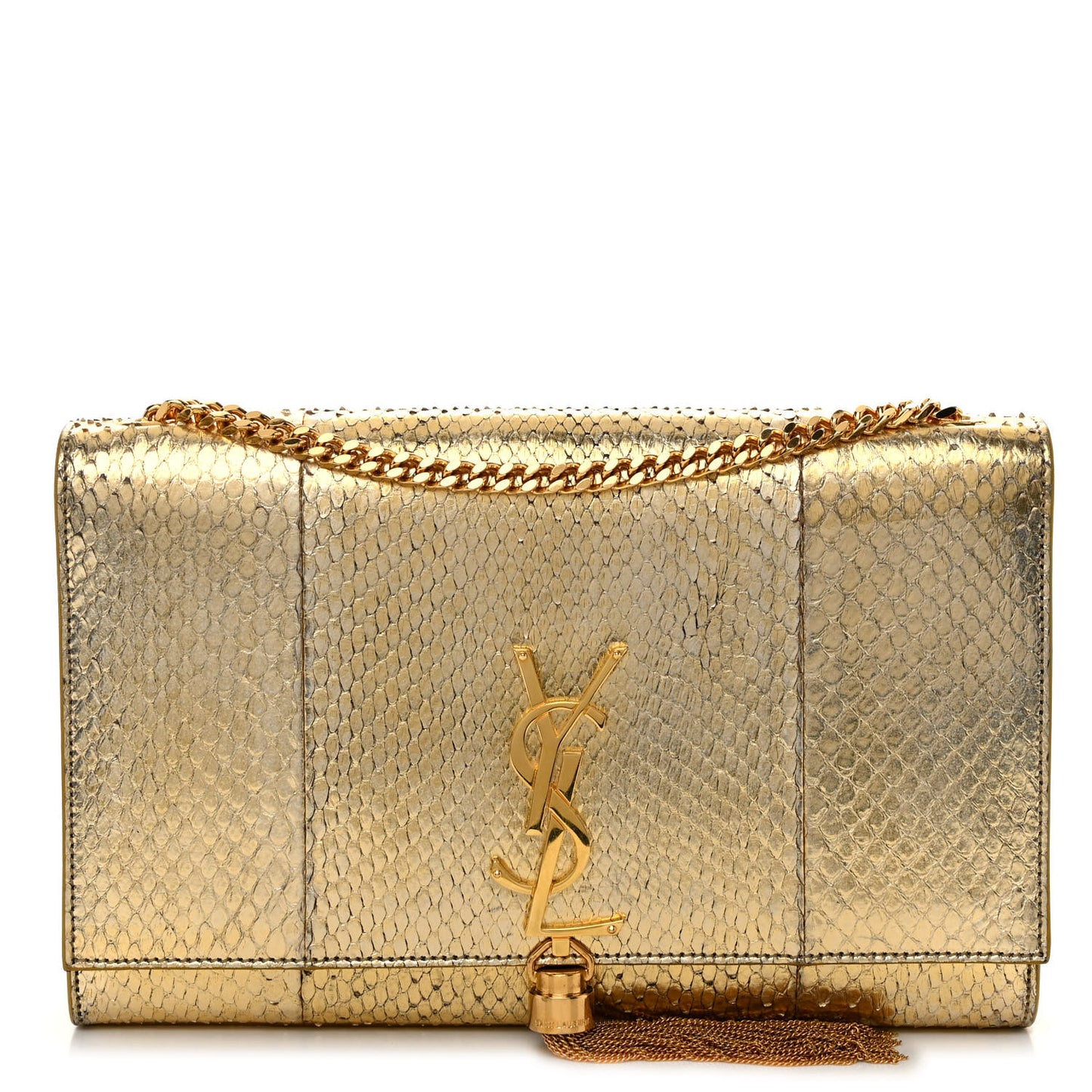 Metallic Snakeskin Medium Classic Monogram Kate Tassel Satchel Oro