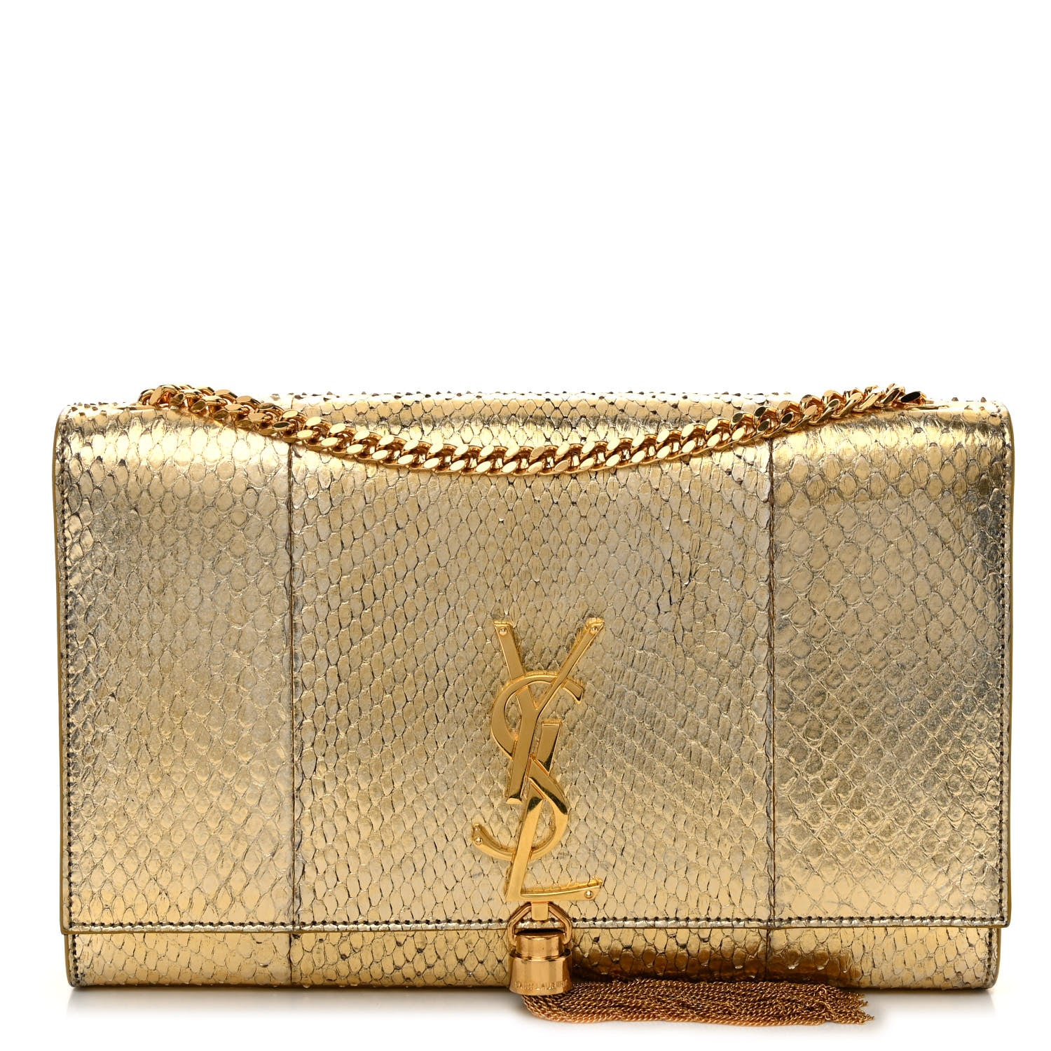 Saint Laurent Metallic Snakeskin Medium Classic Monogram Kate Tassel Satchel Oro 1 of 10