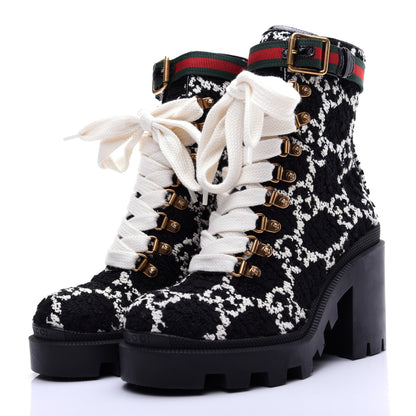 Gucci Tweed GG Monogram Lace Up Combat Ankle Boots 35 Black 4 of 15
