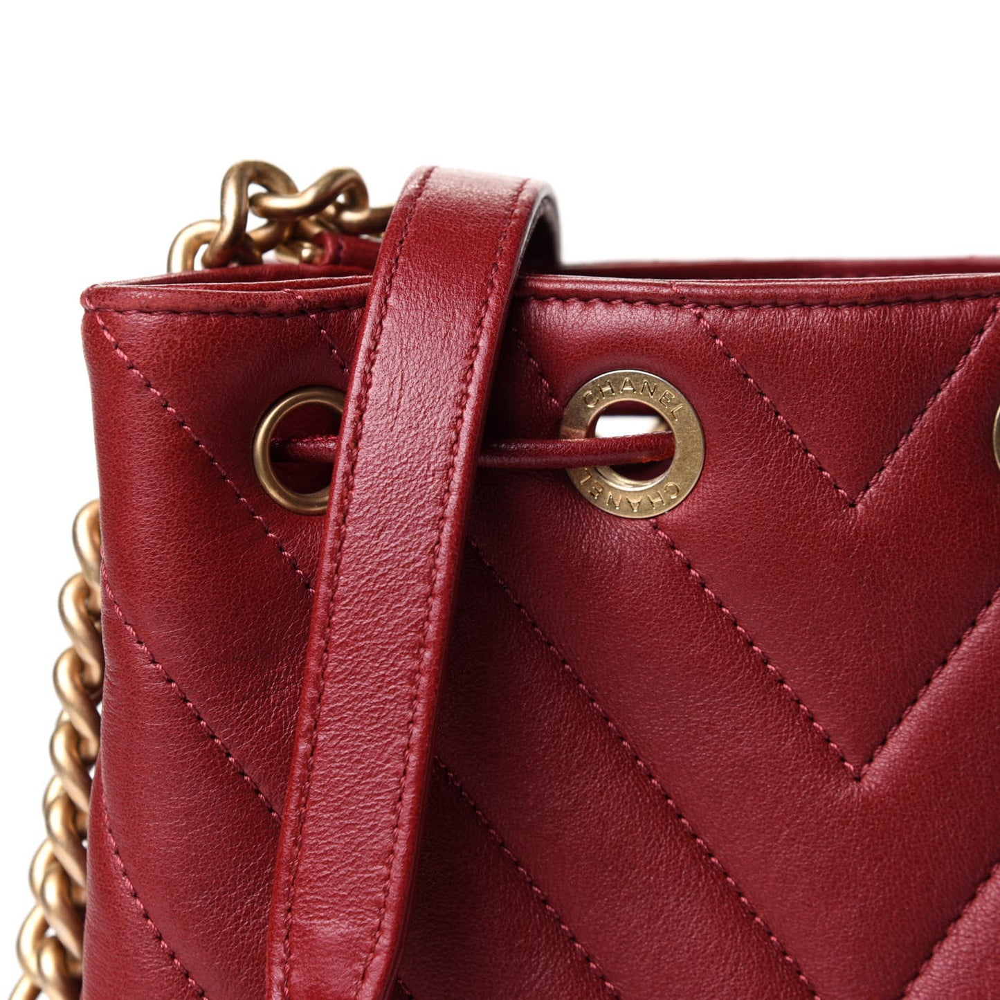 Sheepskin Chevron Quilted Small Drawstring Bag Dark Red