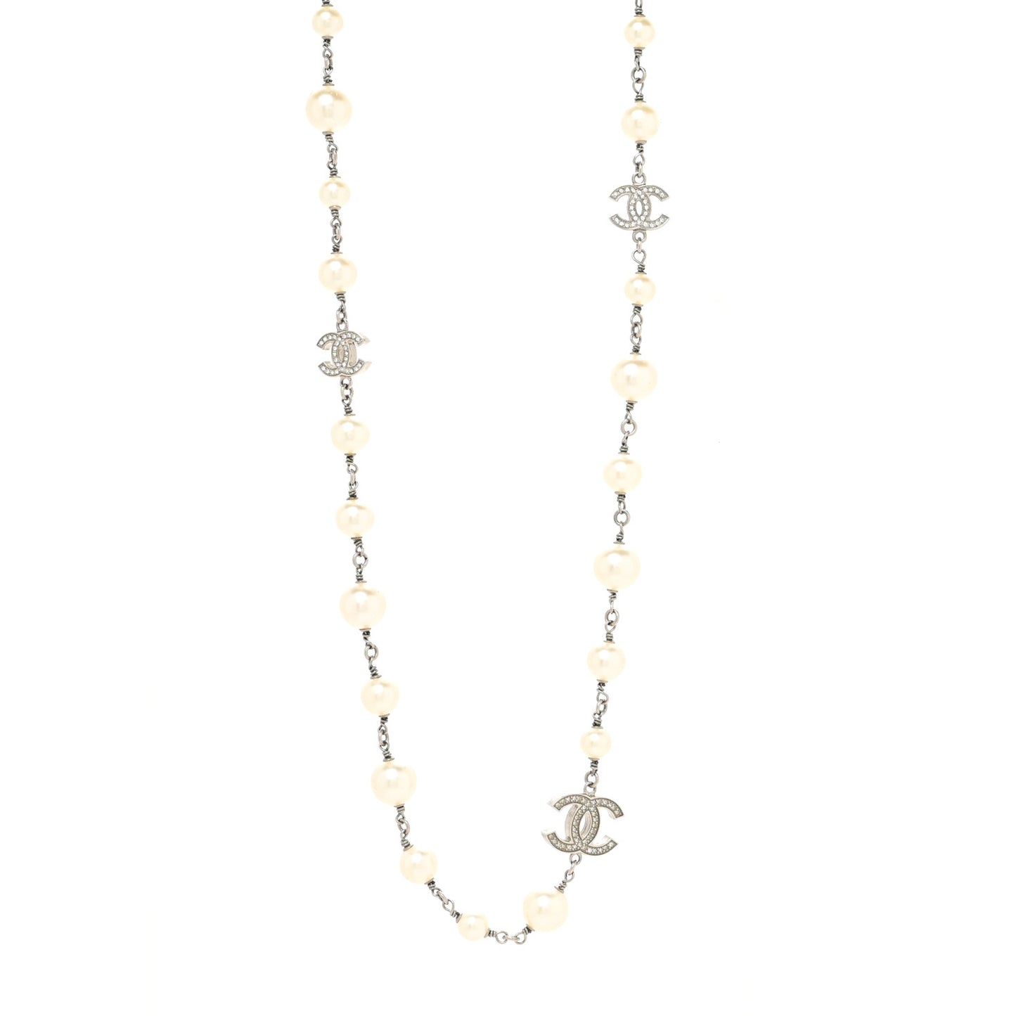 Graduated Pearl Crystal CC Long Necklace Silver