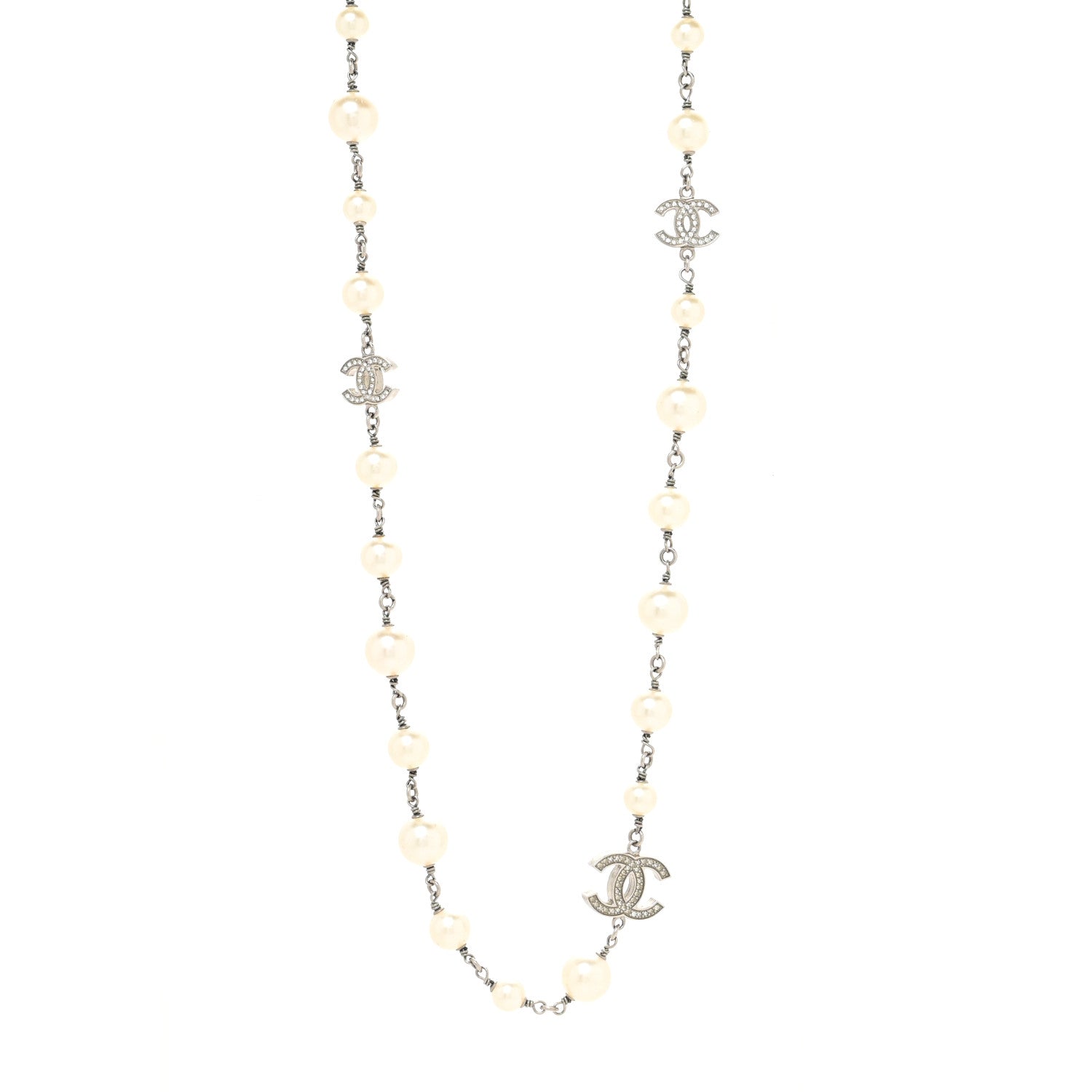Chanel Graduated Pearl Crystal CC Long Necklace Silver 1 of 3