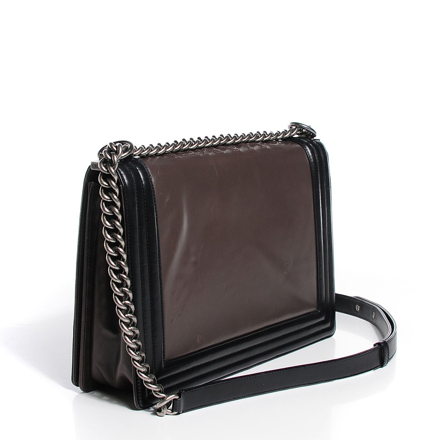 Glazed Calfskin Large Boy Flap Black Brown