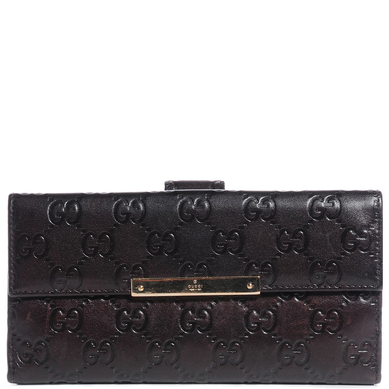 Gucci Guccissima Margaux Calfskin Metal Bar Continental Flap Wallet Chocolate 1 of 9