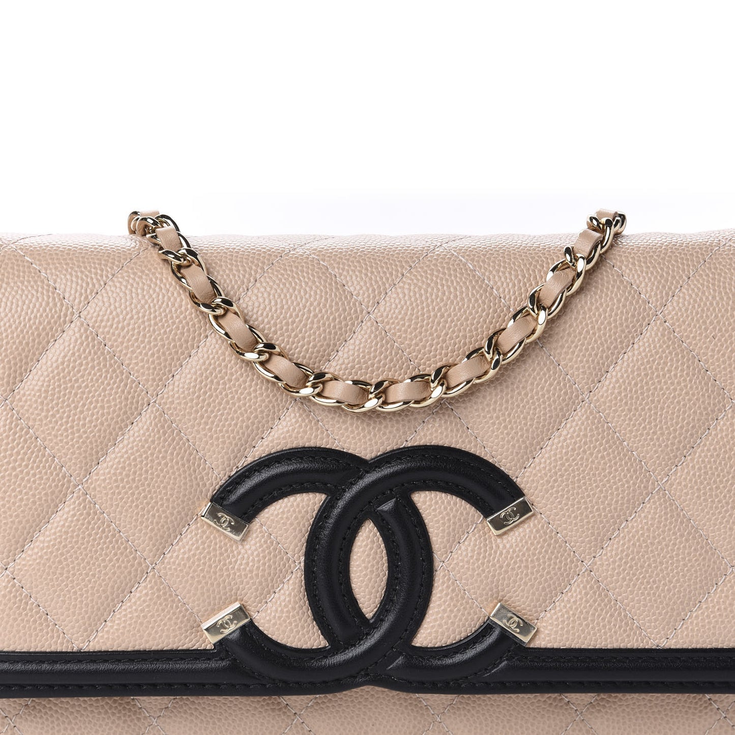 Caviar Quilted CC Filigree Wallet On Chain WOC Beige Black