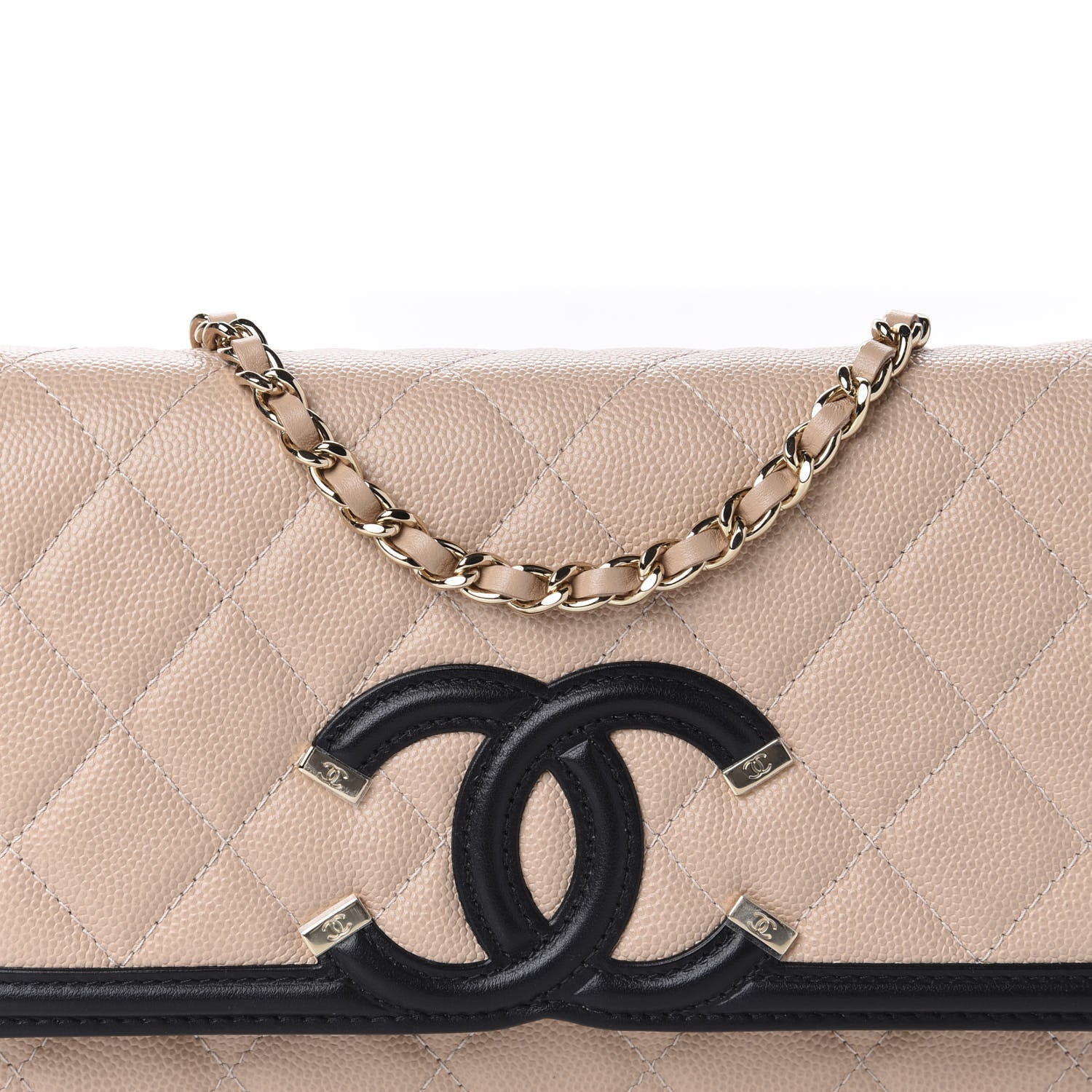 Chanel Caviar Quilted CC Filigree Wallet On Chain WOC Beige Black 11 of 12