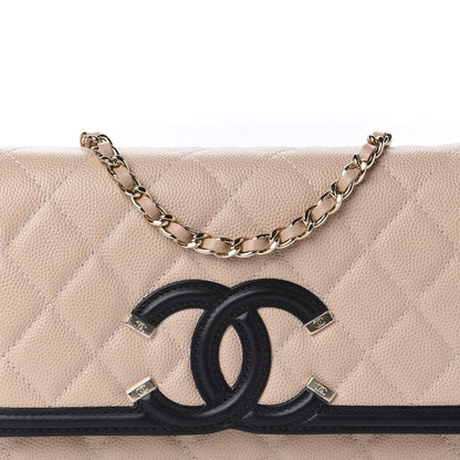 Chanel Caviar Quilted CC Filigree Wallet On Chain WOC Beige Black 11 of 12