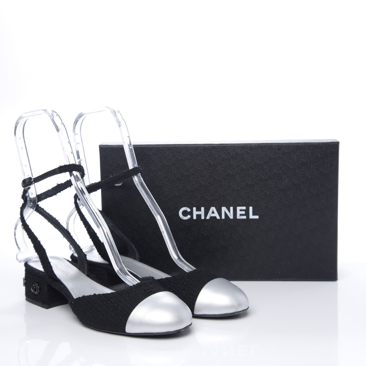 Chanel Tweed Iridescent Calfskin Cap Toe CC Slingback Pumps 38.5 Black Silver 12 of 12