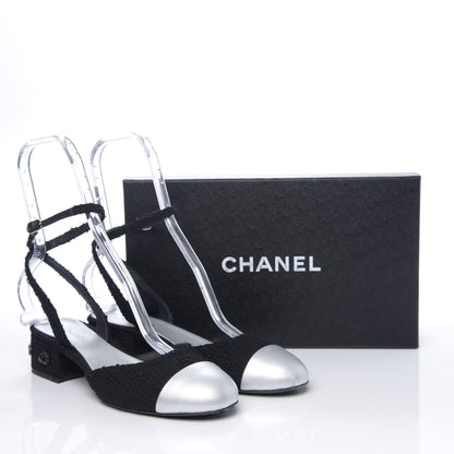 Chanel Tweed Iridescent Calfskin Cap Toe CC Slingback Pumps 38.5 Black Silver 12 of 12