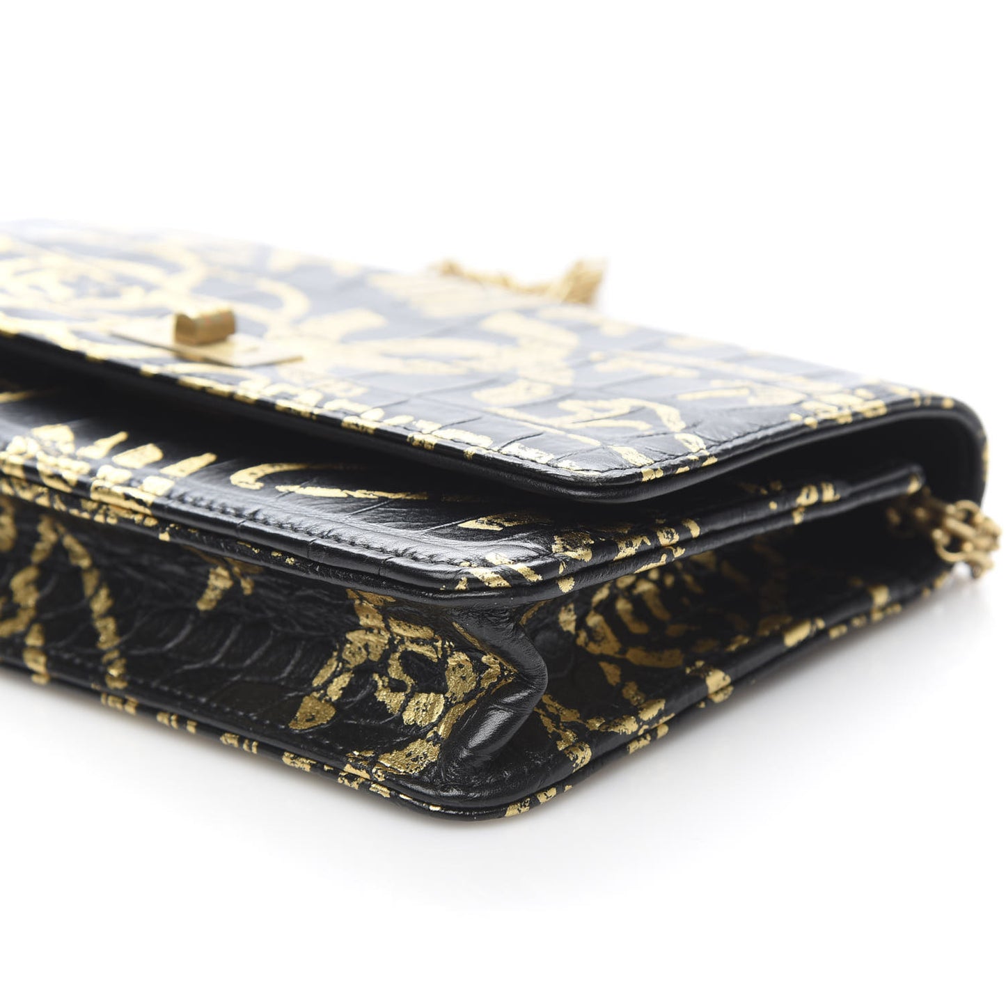 Calfskin Crocodile Embossed Graffiti 2.55 Cocodile Reissue Wallet On Chain WOC Black Gold