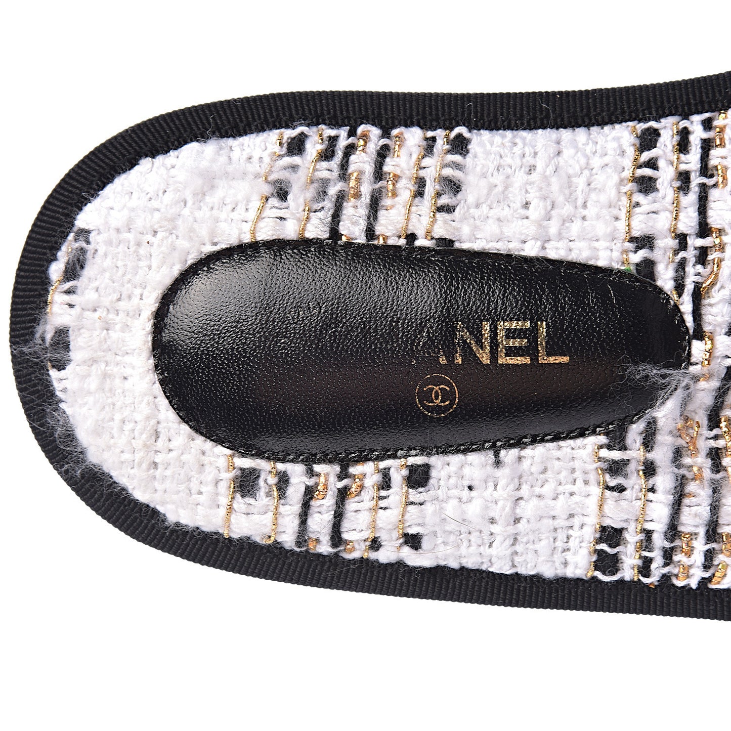 Tweed CC Flat Mules M White Black Gold