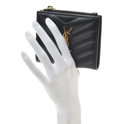 Saint Laurent Grain De Poudre Matelasse Chevron Monogram Zipped Card Case Black 2 of 7