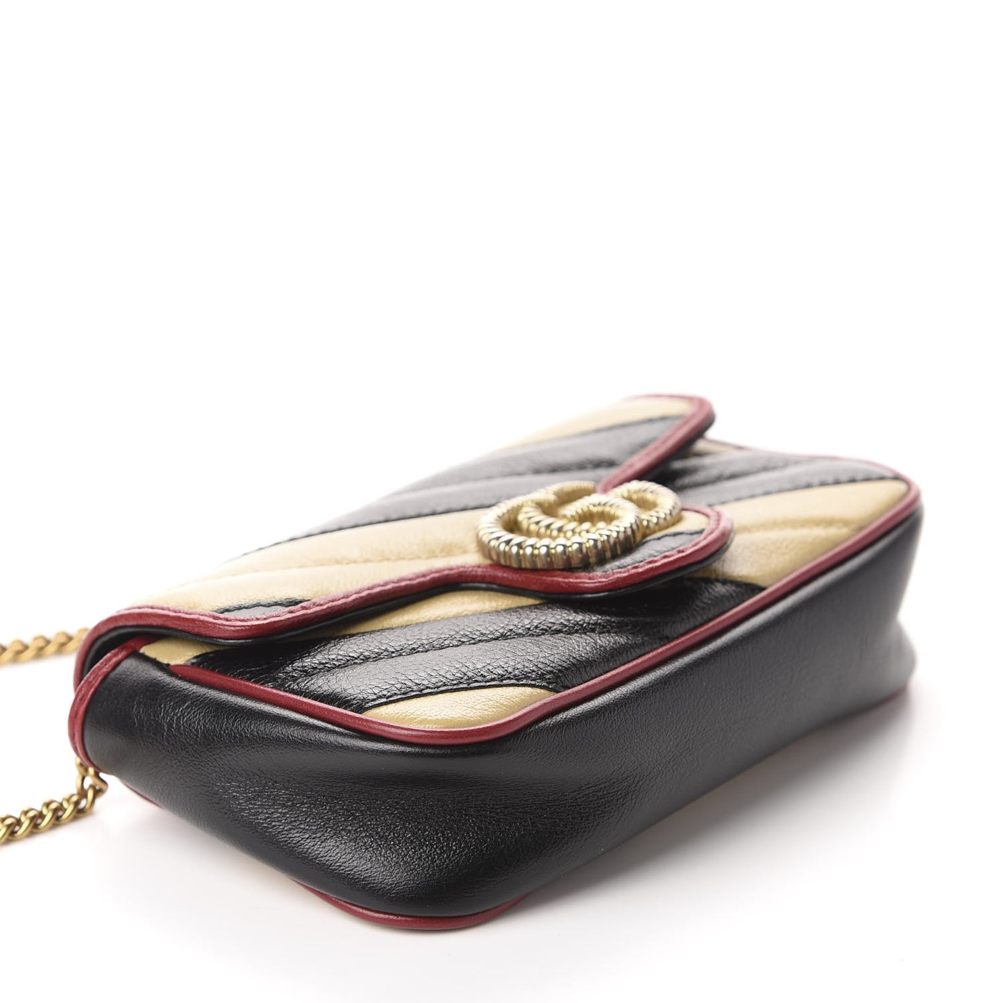 Vintage Effect Calfskin Matelasse Diagonal Striped Super Mini Torchon GG Marmont Shoulder Bag Black Beige