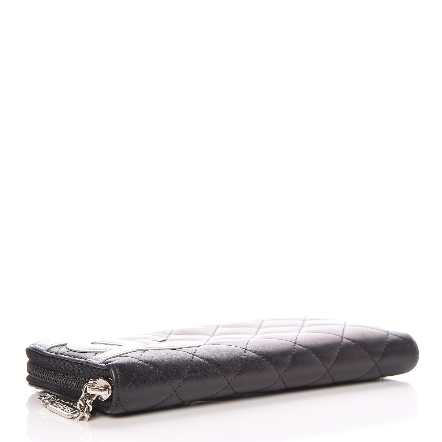 Calfskin Quilted Cambon Large Gusset Zip Around Wallet Black Silver