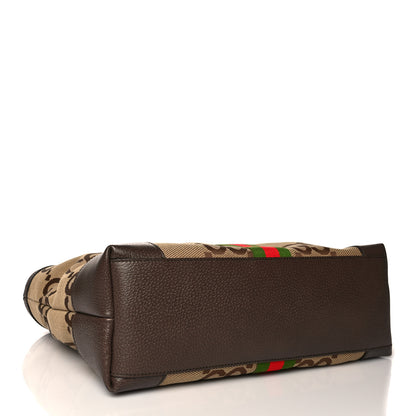 Gucci Monogram Jumbo GG Textured Dollar Calfskin Web Medium Ophidia Shopping Tote Camel Ebony 4 of 10