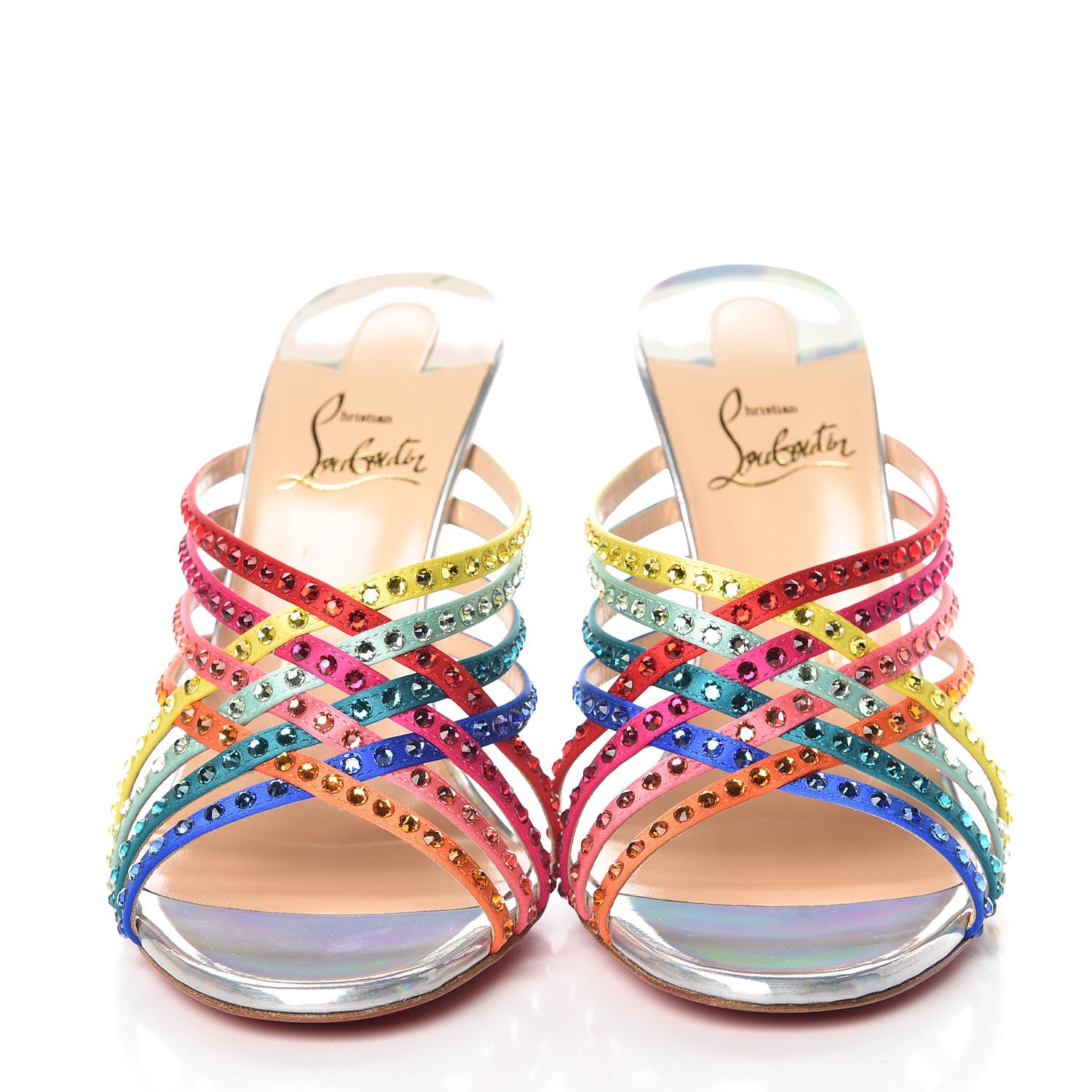 Christian Louboutin Specchio Calfskin Crystal Marthastrass 100 Slide Sandals 38 Silver Multicolor 2 of 10