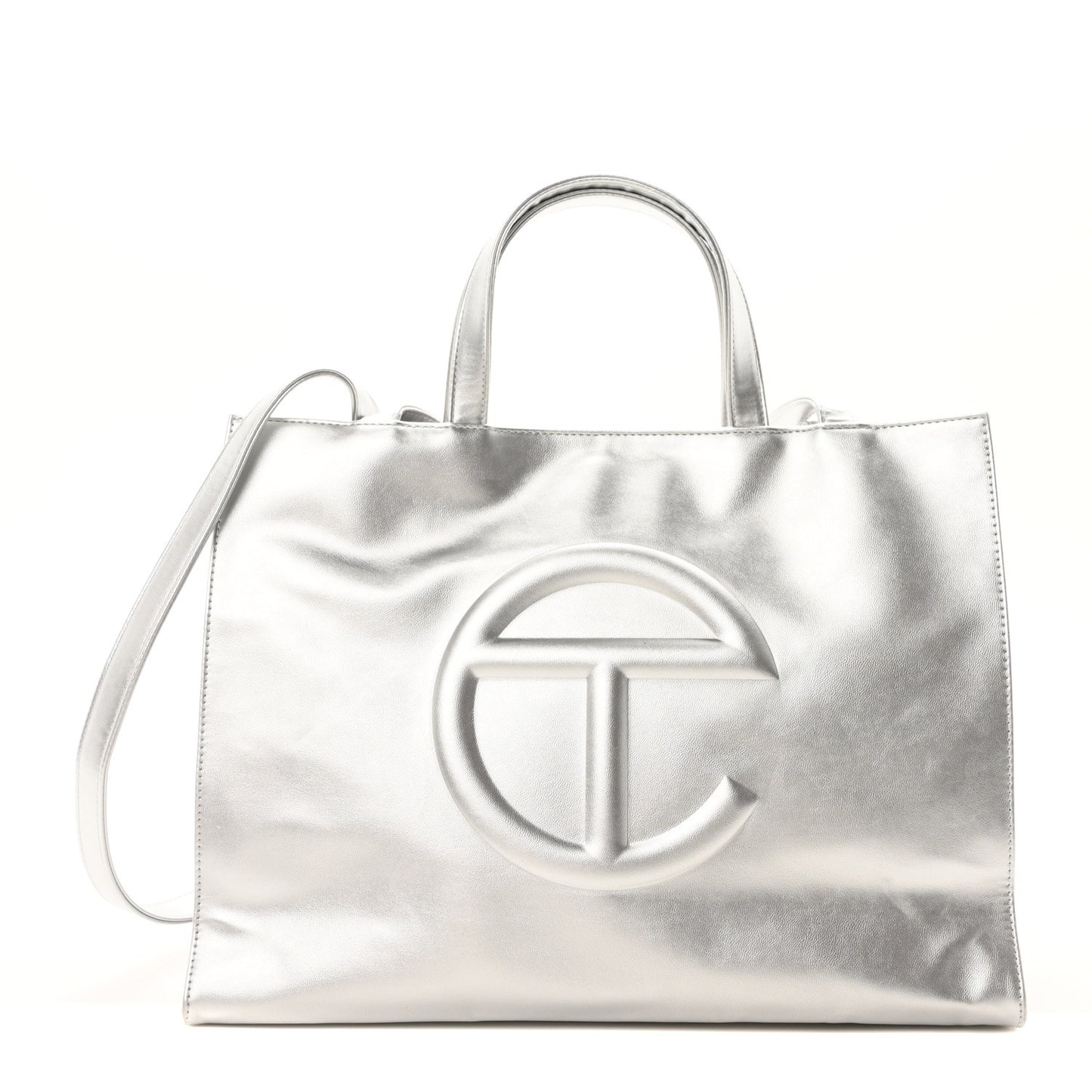 Metallic Vegan Leather Medium Shopping Bag Silver