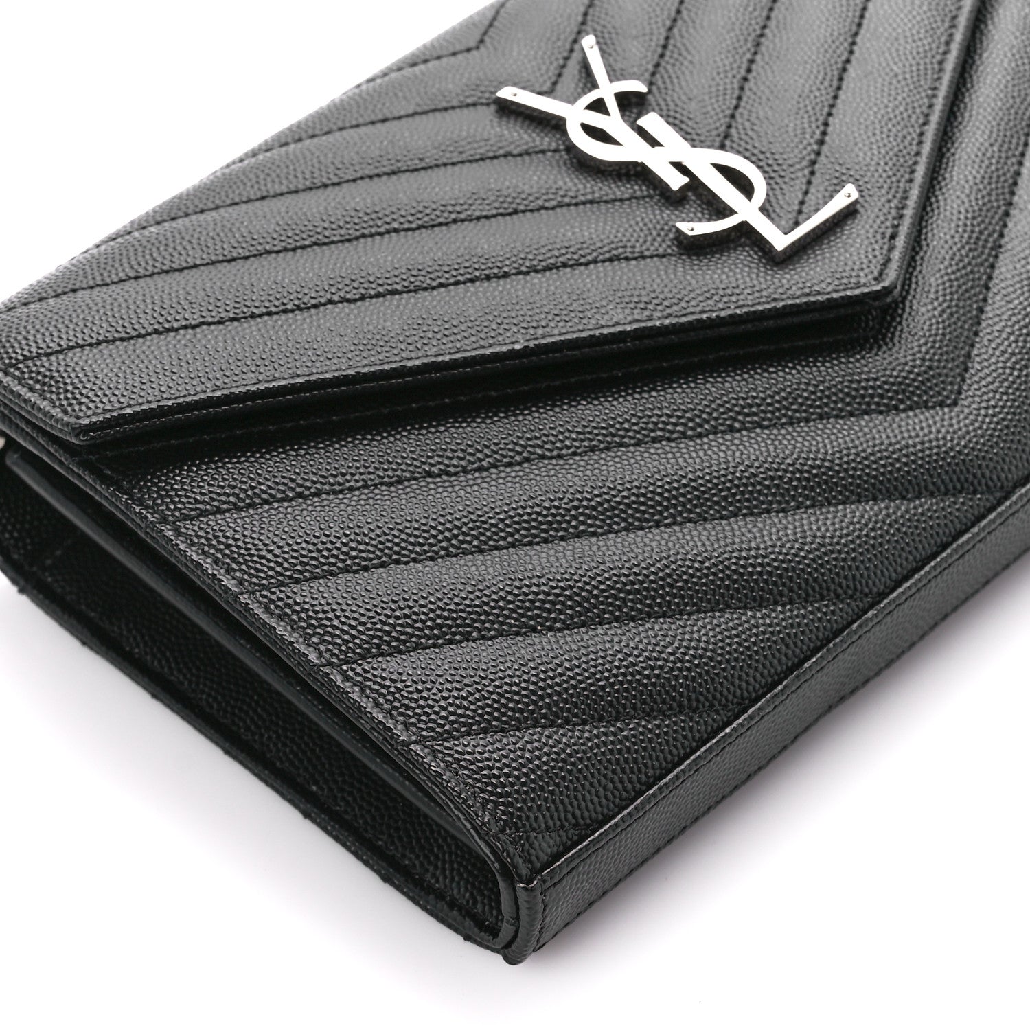 Saint Laurent Grain De Poudre Matelasse Chevron Monogram Chain Wallet Black 9 of 11