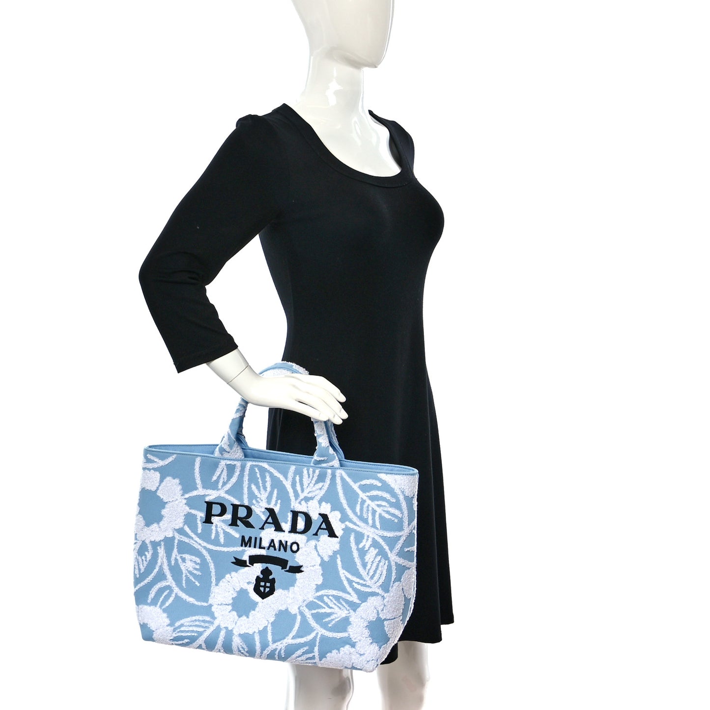 Nylon Embroidered Drill Shopping Tote Bag Sky Blue White