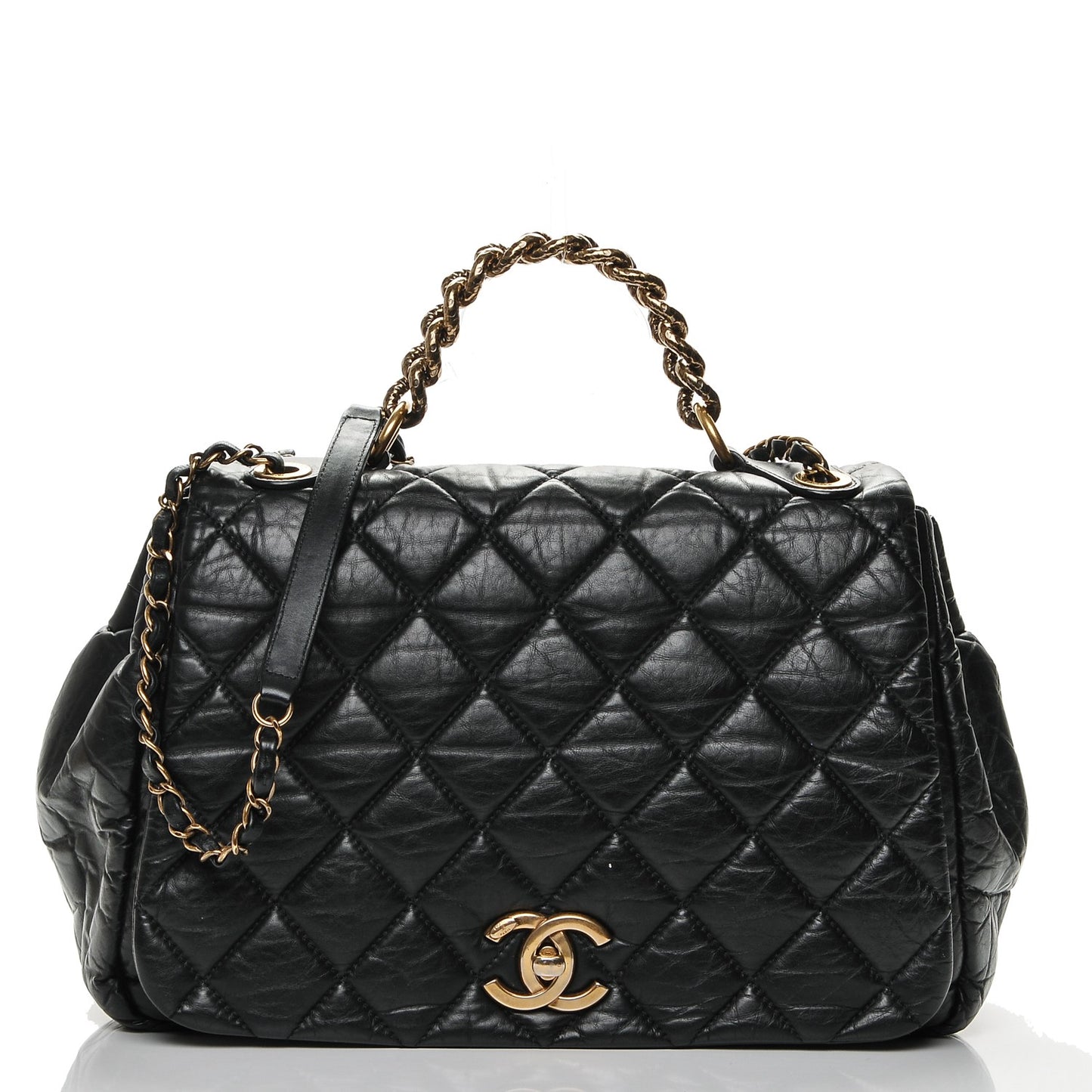 Aged Calfskin Quilted Large Pondichery Flap Black