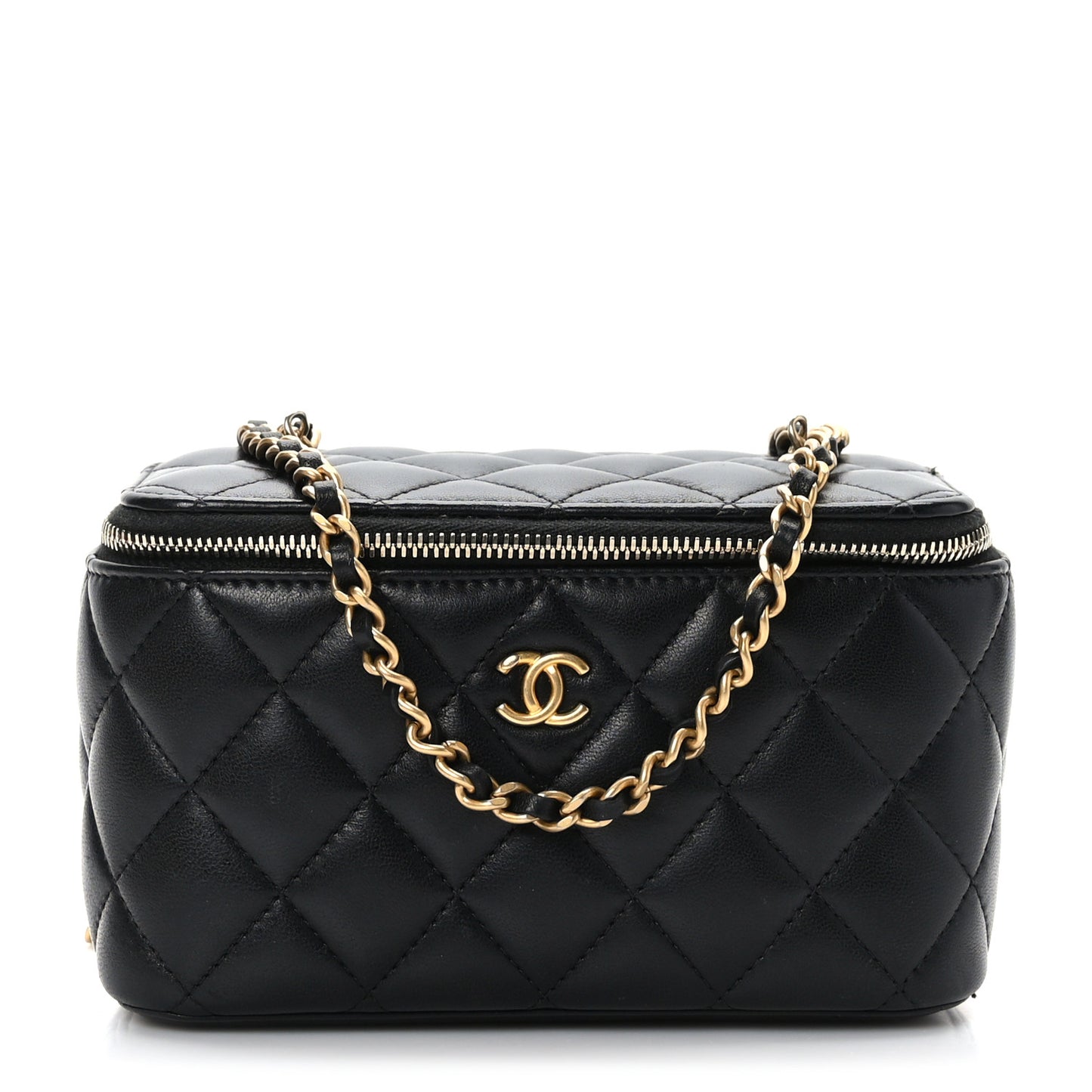 Lambskin Quilted Pearl Crush Small Vanity Case With Chain Black