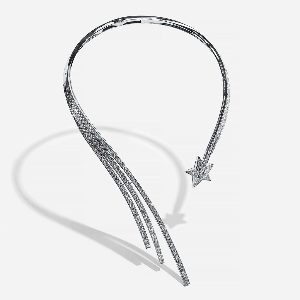 studio image of CHANEL 18K White Gold Diamond Fil de Comete Collar Necklace at FASHIONPHILE