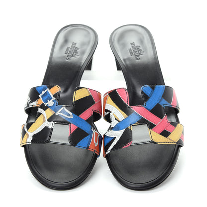 Hermes Calfskin Cavalcadour Print Oasis Sandals 36 Multicolor Black 5 of 10