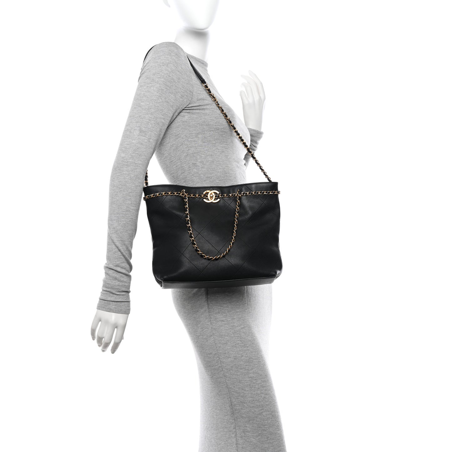 Calfskin Stitched Small Shopping Tote Black