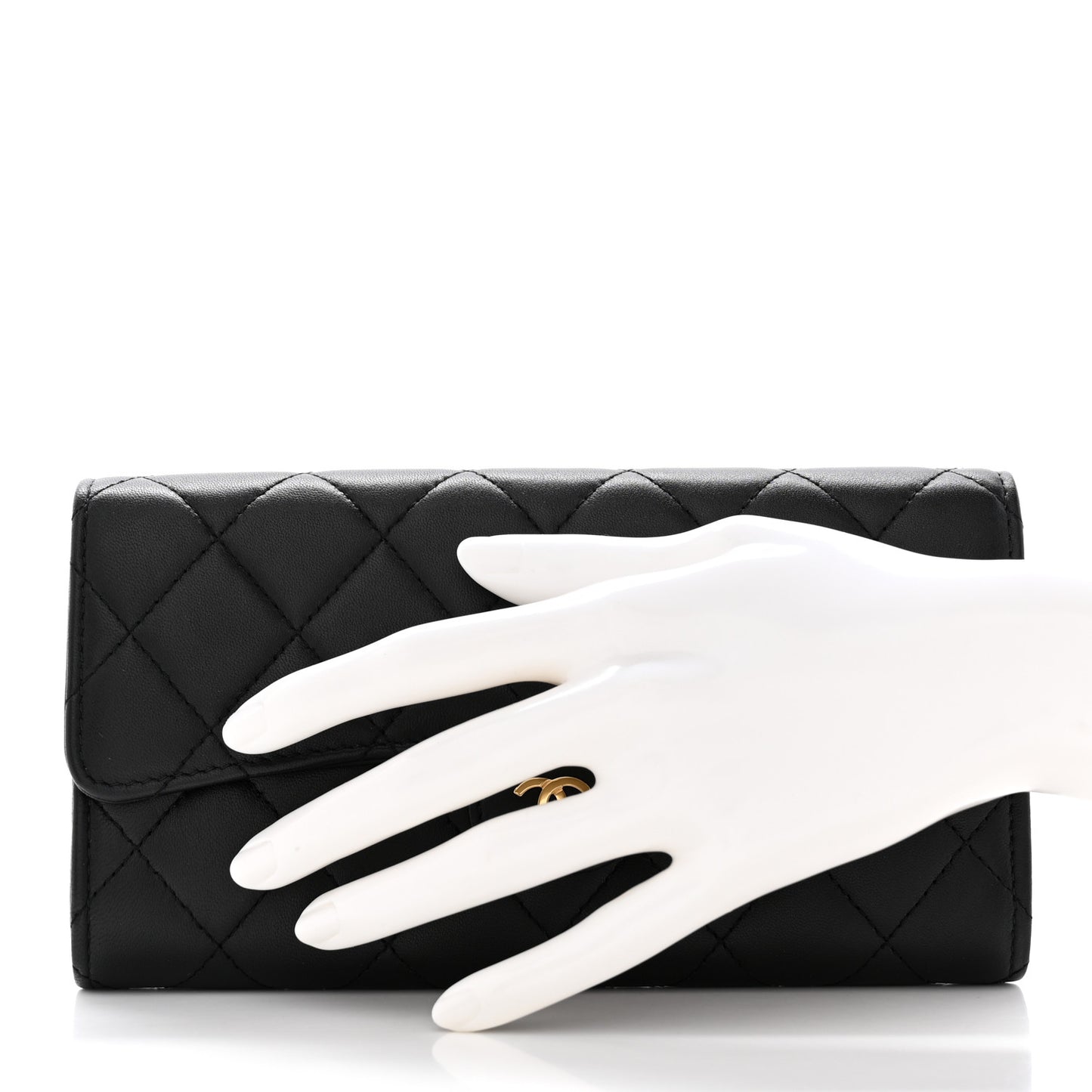 Lambskin Quilted Large Gusset Flap Wallet Black