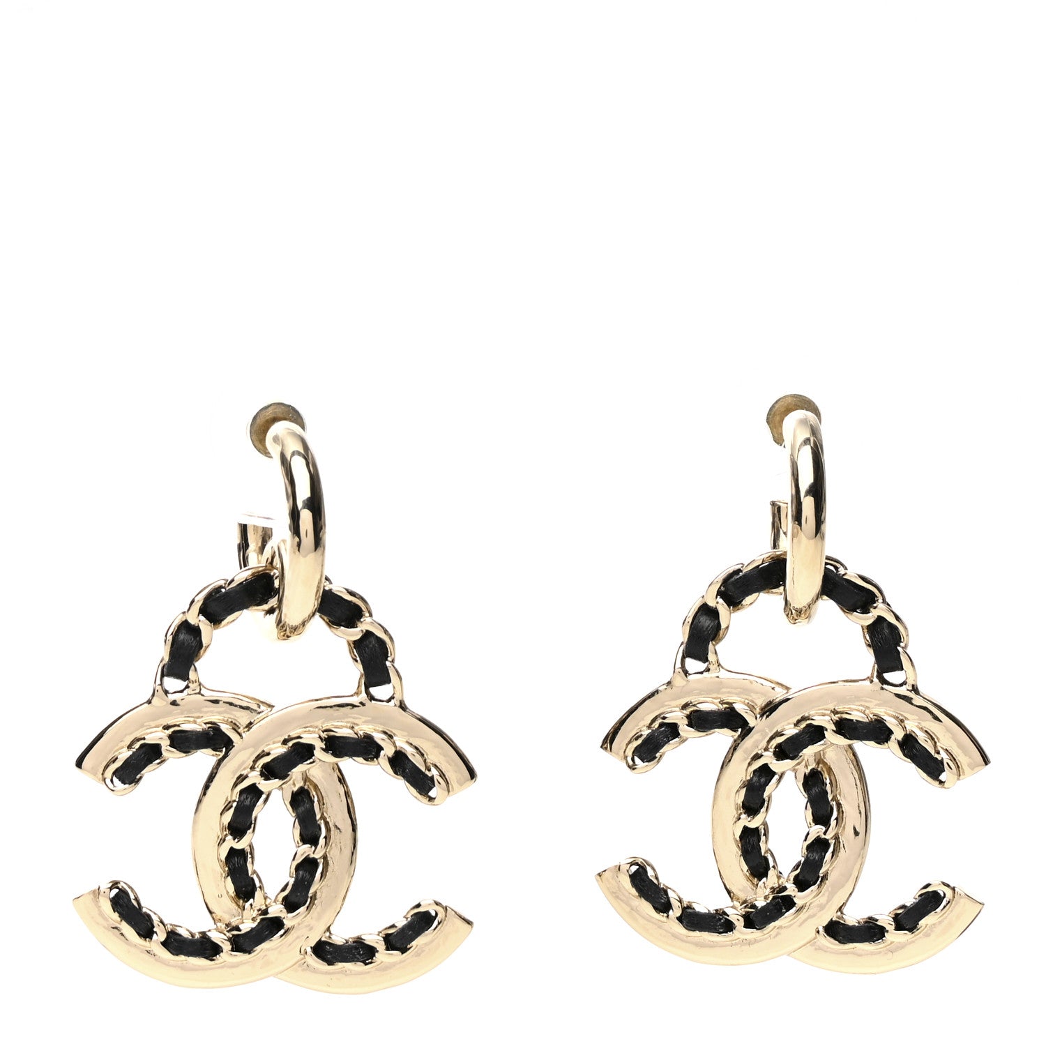 Chanel Lambskin Chain CC Drop Earrings Black Gold 1 of 4