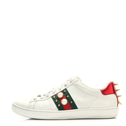 Gucci Calfskin Web Pearl Studded Womens Ace Sneakers 35.5 White 1 of 8