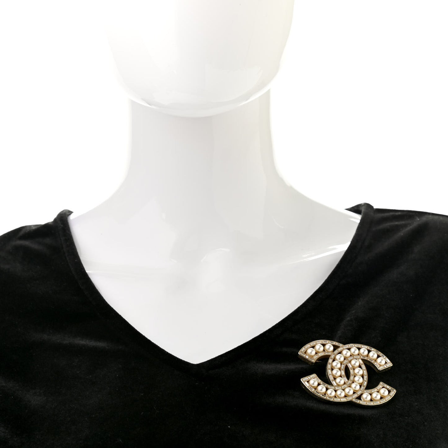 Crystal Baguette Pearl CC Brooch Gold