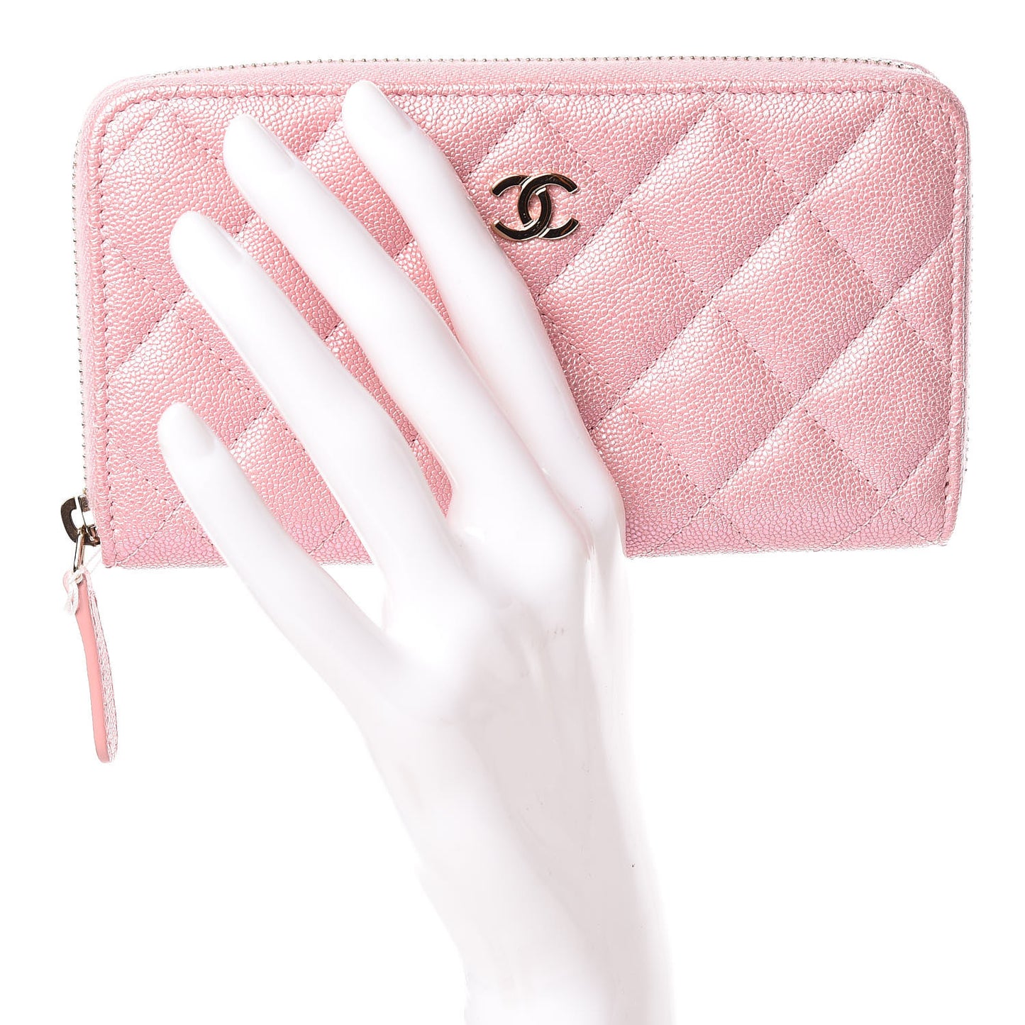 Iridescent Caviar Quilted Medium Zip Around Wallet Pink