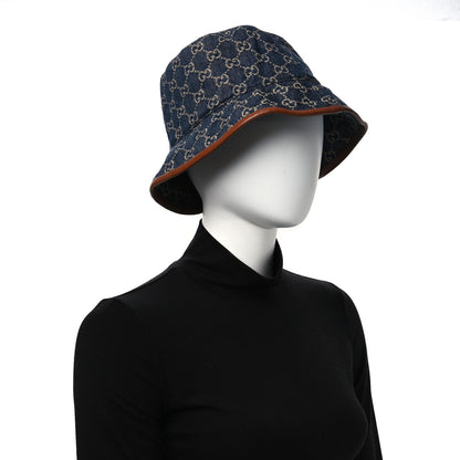 Gucci Washed Jacquard Denim Nappa GG Monogram Oscar Bucket Hat XL Denim Cuir 2 of 10