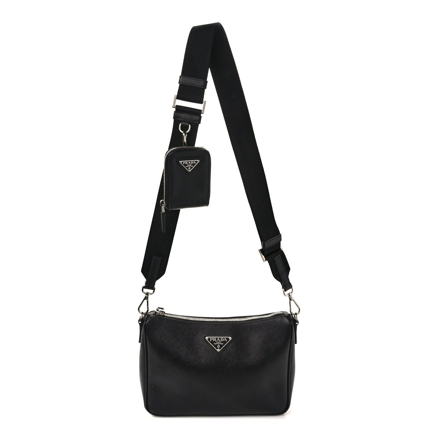 Prada Saffiano Travel Pocket Zippered Shoulder Bag Black 1 of 12