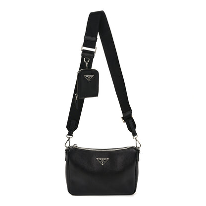 Prada Saffiano Travel Pocket Zippered Shoulder Bag Black 1 of 12