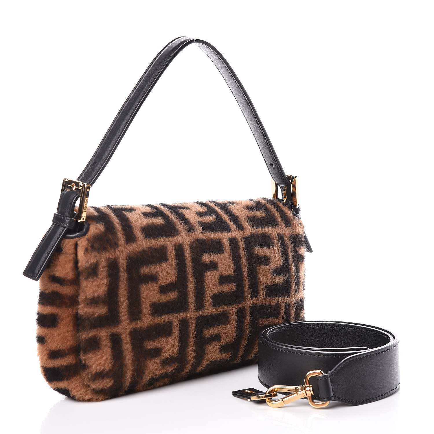Fendi Shearling Vitello Dolce Macro FF 1974 Baguette Tobacco Black 4 of 10
