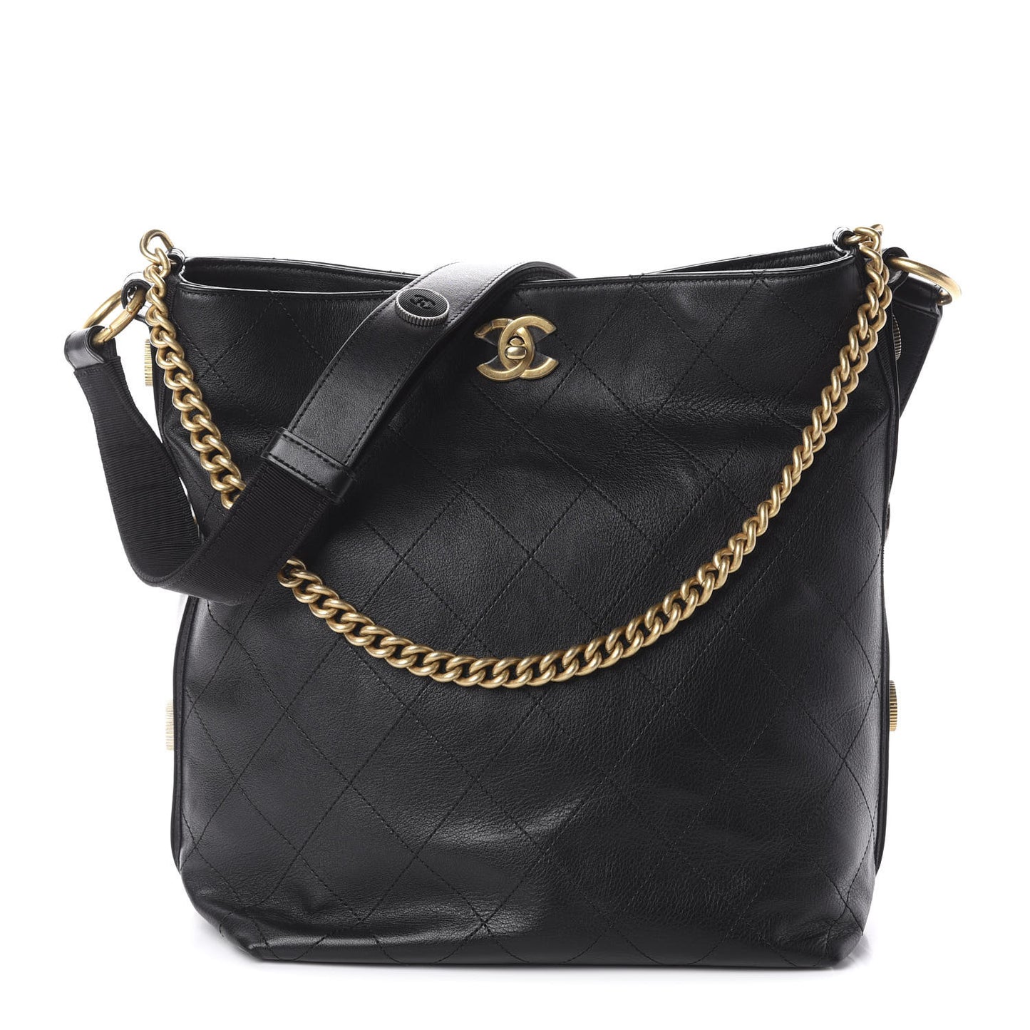 Calfskin Stitched Large Button Up Hobo Black