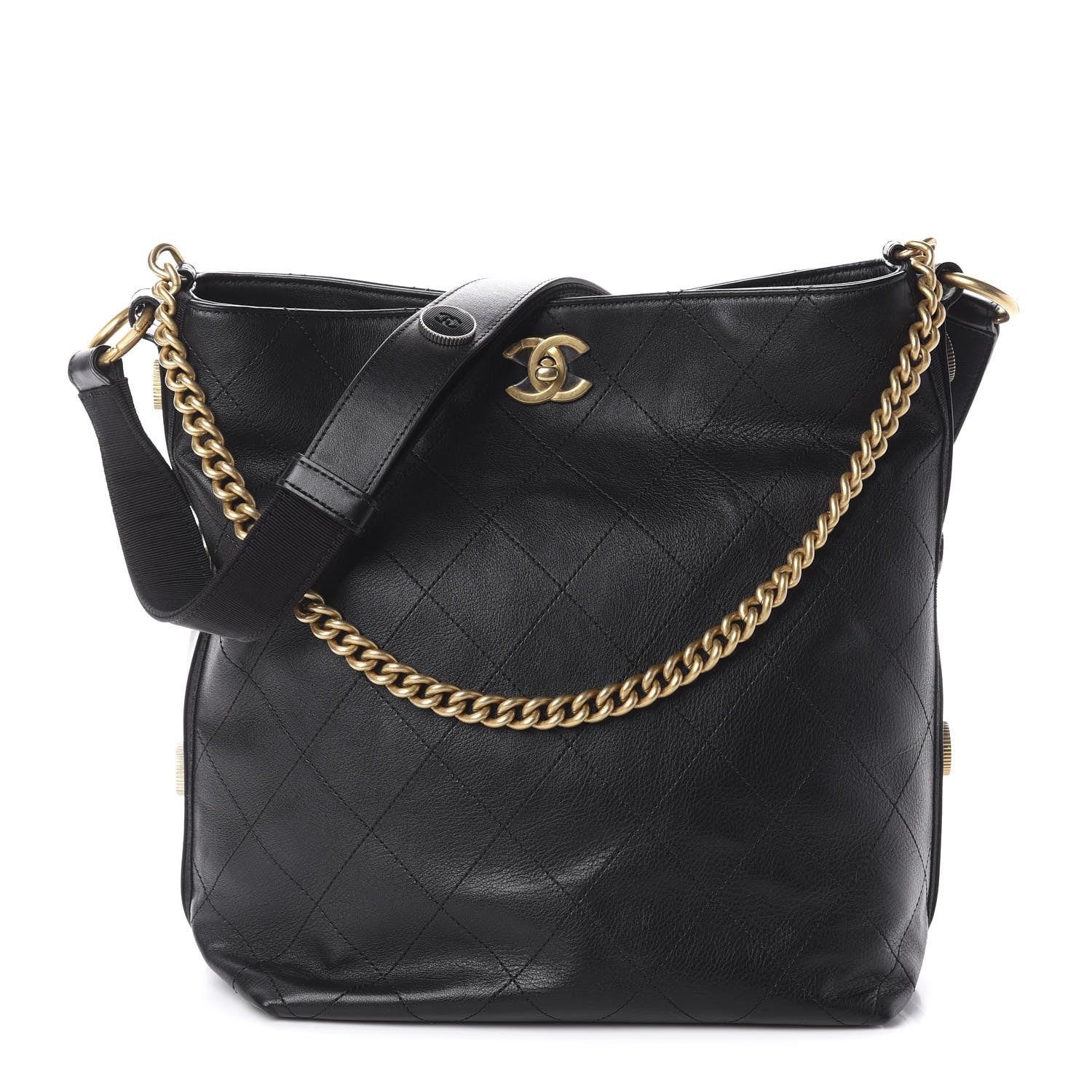 Chanel Calfskin Stitched Large Button Up Hobo Black 1 of 9