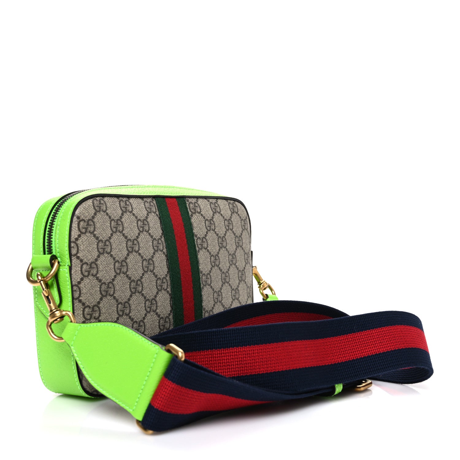 Gucci GG Supreme Monogram Textured Dollar Calfskin Web Ophidia Wristlet Shoulder Bag Beige Ebony Green 3 of 10