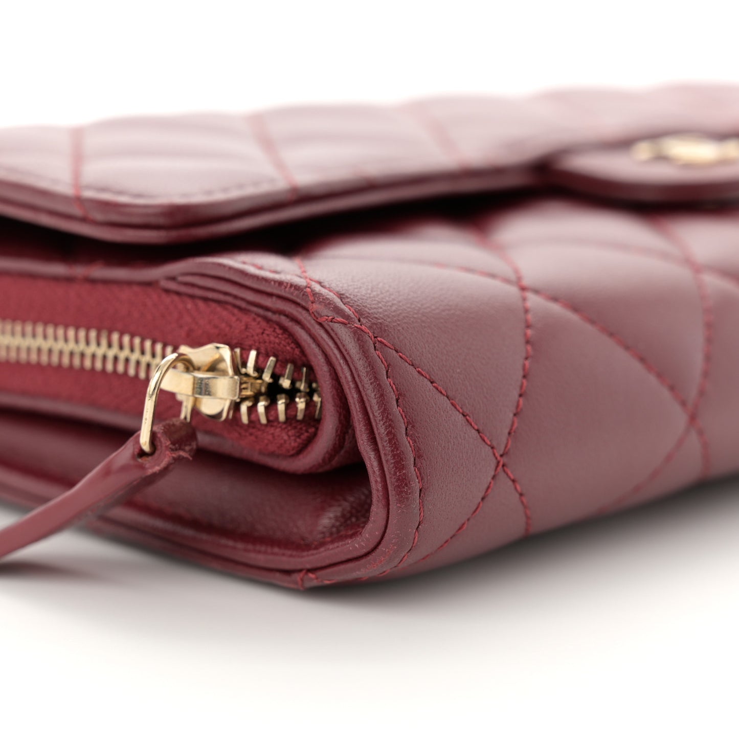 Lambskin Quilted Phone Holder Wallet on Removable Chain Burgundy