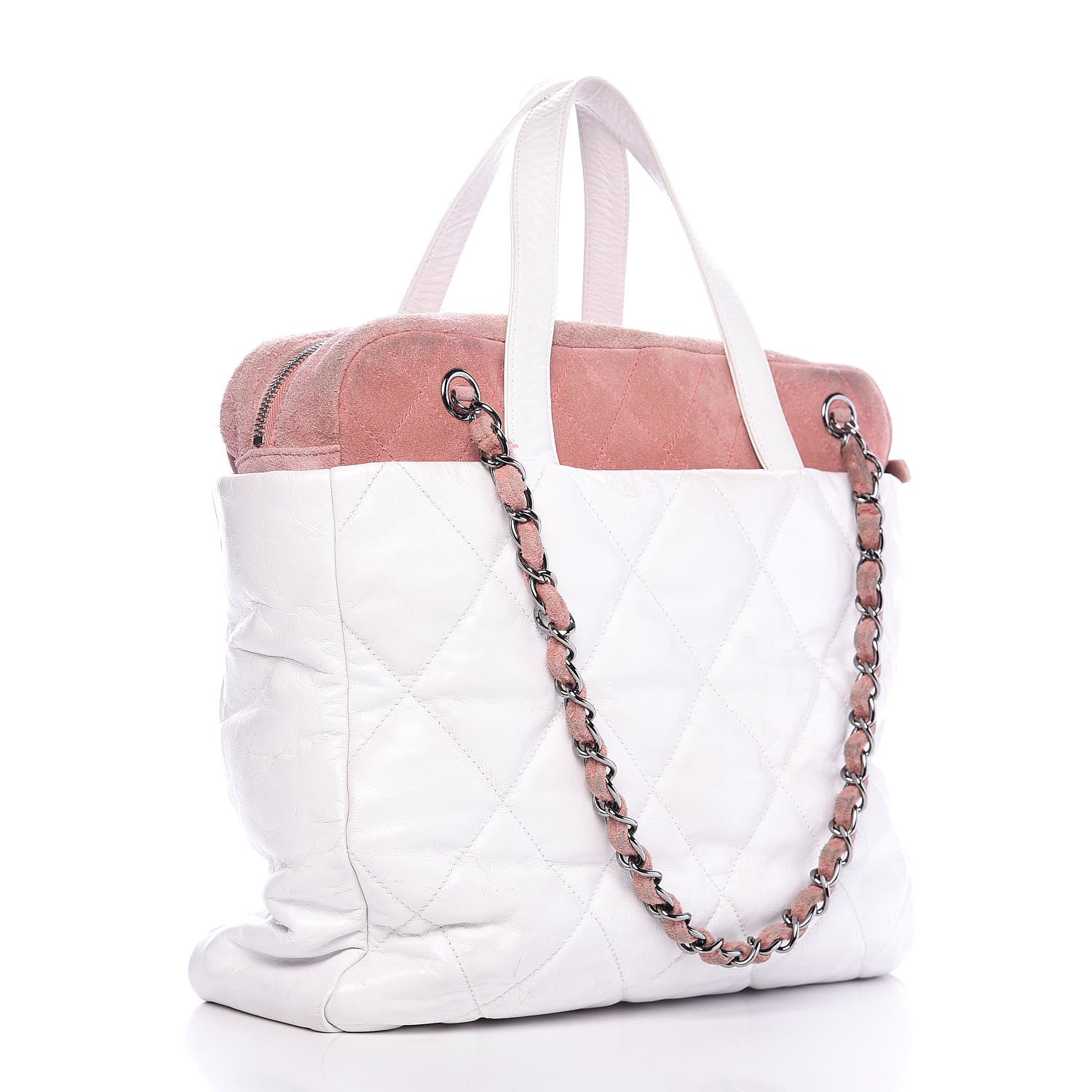 Chanel Glazed Calfskin Suede Quilted Portobello Tote White Pink 3 of 14