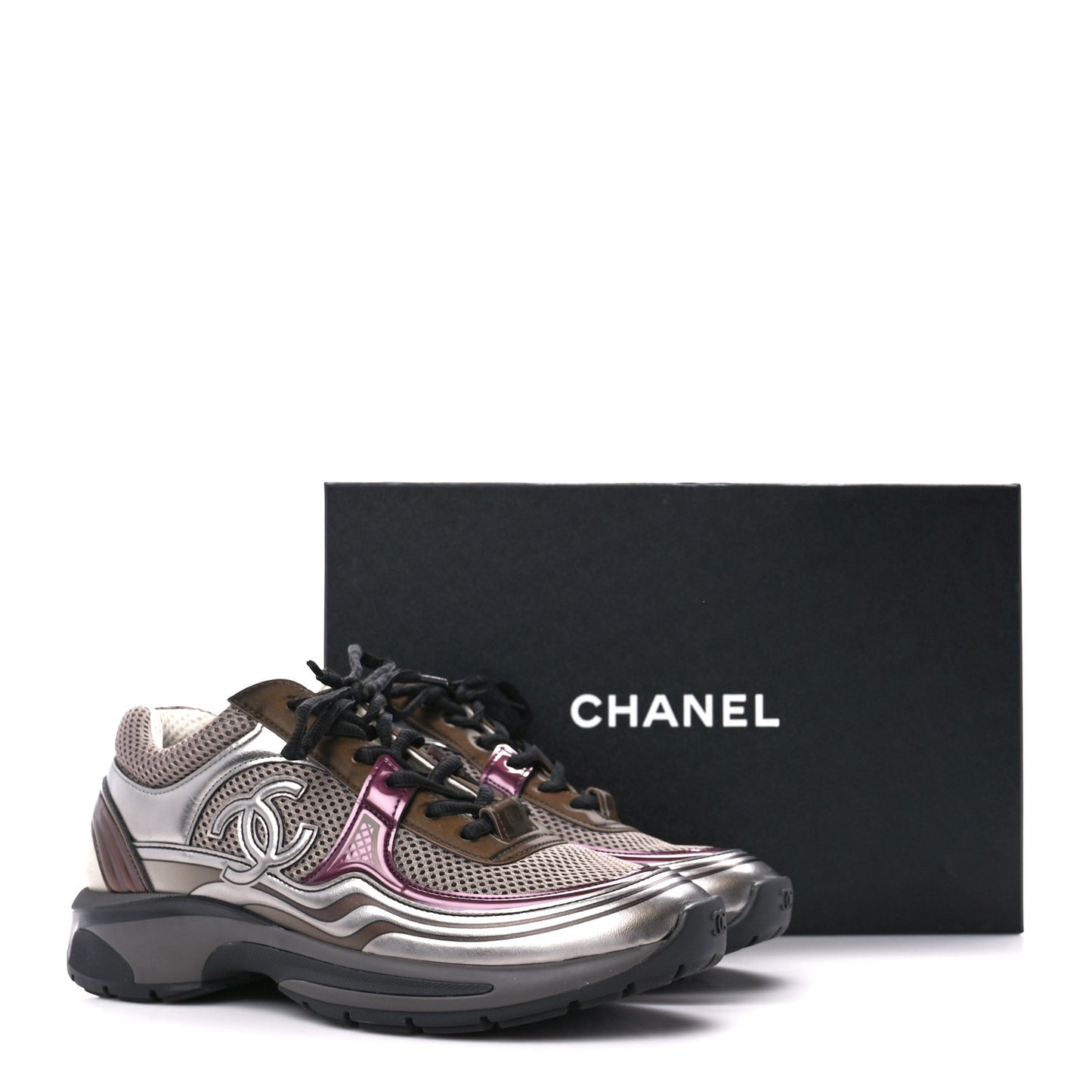 Fabric Laminated Calfskin Stretch CC Womens Sneakers 38.5 Khaki Silver Dark Purple
