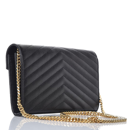 Saint Laurent Grain De Poudre Matelasse Chevron Monogram Chain Wallet Black 3 of 7